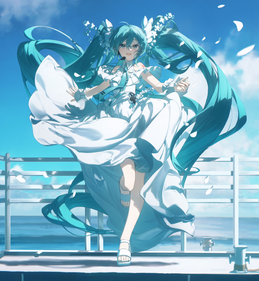 1girl absurdres aqua_eyes aqua_hair blue_sky cloud day dress fence flower frills hatsune_miku headphones highres horizon konya_karasue long_hair musical_note nail_polish necktie ocean open_mouth outdoors sky sleeveless sleeveless_dress solo standing standing_on_one_leg twintails very_long_hair vocaloid white_dress