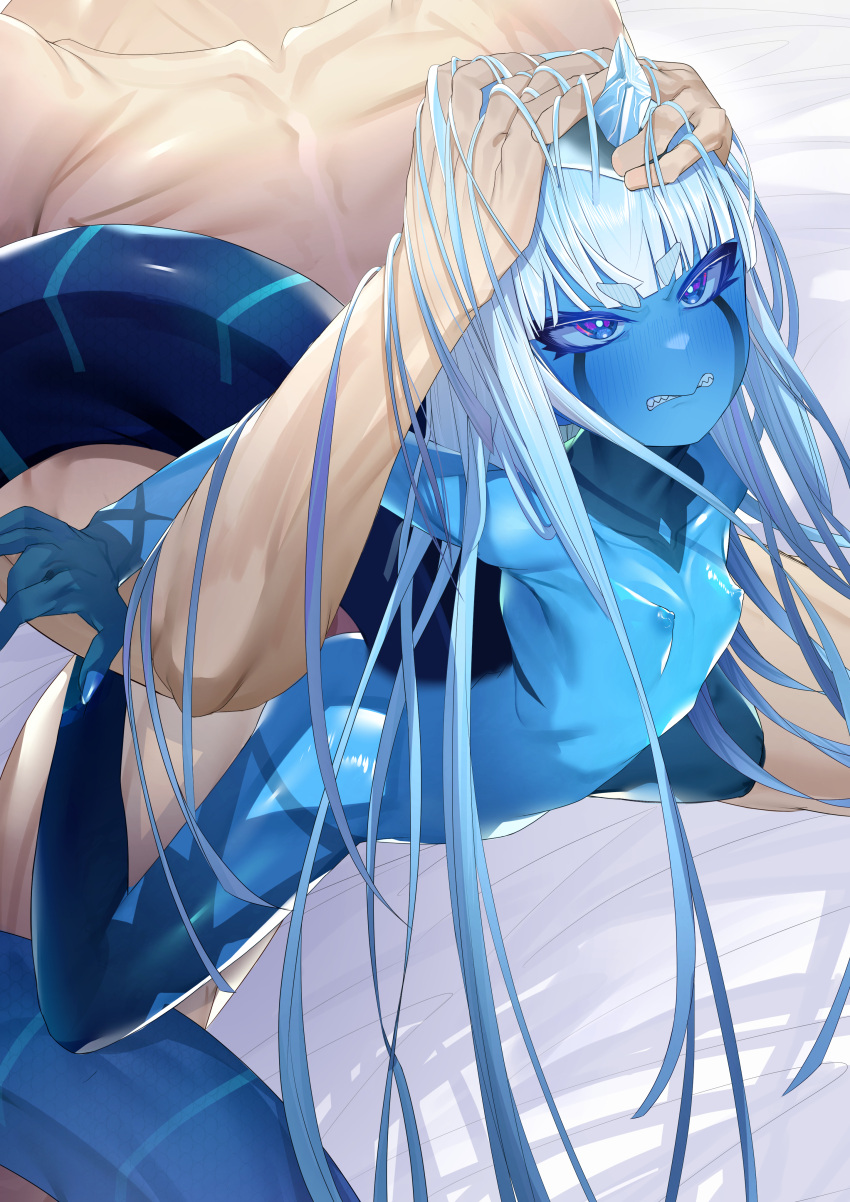 absurd_res ambiguous_penetration bed big_tail blue_body blue_eyes blue_skin breasts clenched_teeth darling_in_the_franxx erect_nipples female female_on_human from_behind_position furniture hair head_grab hi_res horn human human_on_humanoid human_penetrating human_penetrating_humanoid humanoid humanoid_penetrated interspecies keimo klaxosaur_princess long_hair long_tail mammal messy_hair monster_girl_(genre) nipples not_furry nude on_bed penetration sex sharp_teeth small_breasts studio_trigger tail teeth white_hair
