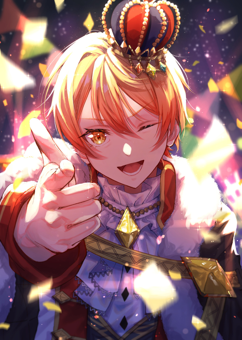 1boy absurdres blonde_hair cape confetti crown gun handgun highres jacket long_sleeves looking_at_viewer male_focus mini_crown multicolored_hair one_eye_closed open_mouth orange_eyes orange_hair pov project_sekai red_jacket shirt smile solo teeth tenma_tsukasa weapon white_shirt yuzuha_wasa