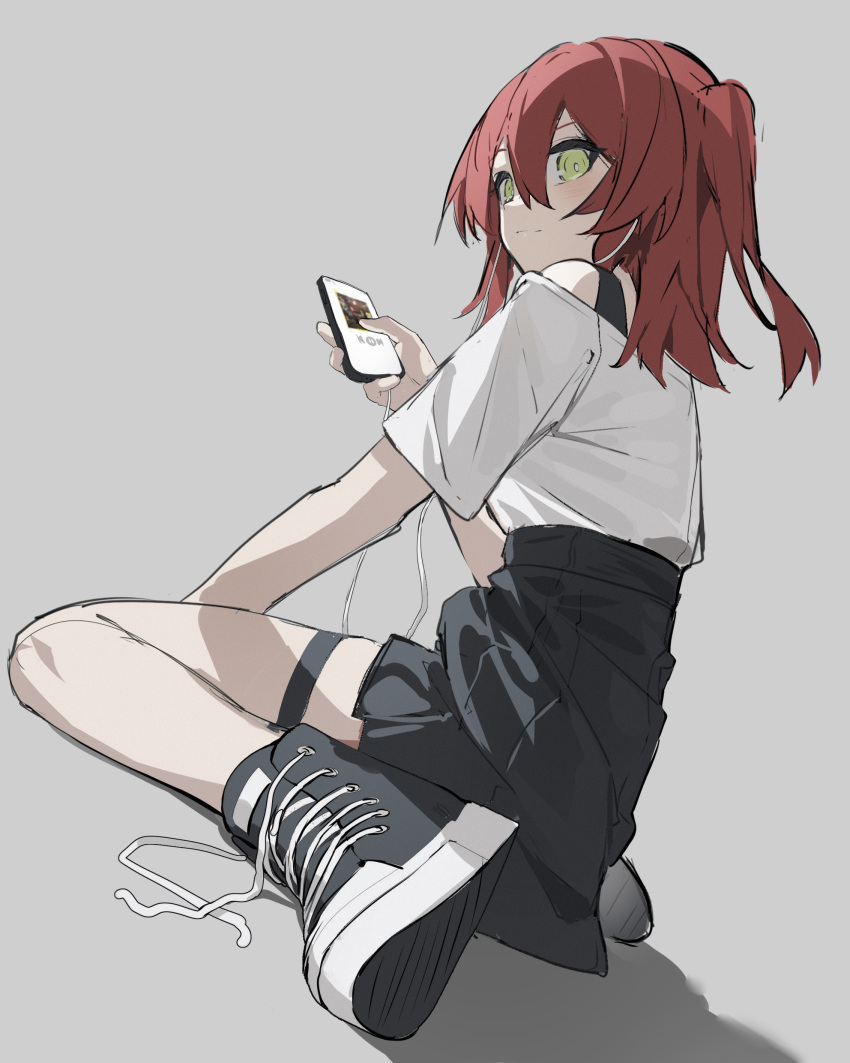 1girl absurdres black_footwear black_skirt bocchi_the_rock! cellphone closed_mouth full_body green_eyes grey_background hair_between_eyes highres holding holding_phone kita_ikuyo long_hair looking_at_viewer one_side_up phone pleated_skirt qtian red_hair shirt shoes short_sleeves simple_background sitting skirt smartphone smile sneakers solo thigh_strap wariza white_shirt