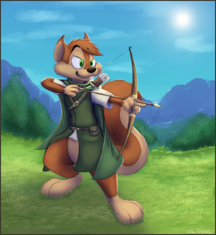 absurd_res anthro archer bow_(weapon) chestnut_(character) fantasy hi_res male mammal medieval medieval_clothing ranged_weapon rodent sciurid solo tree_squirrel weapon zenfetcher