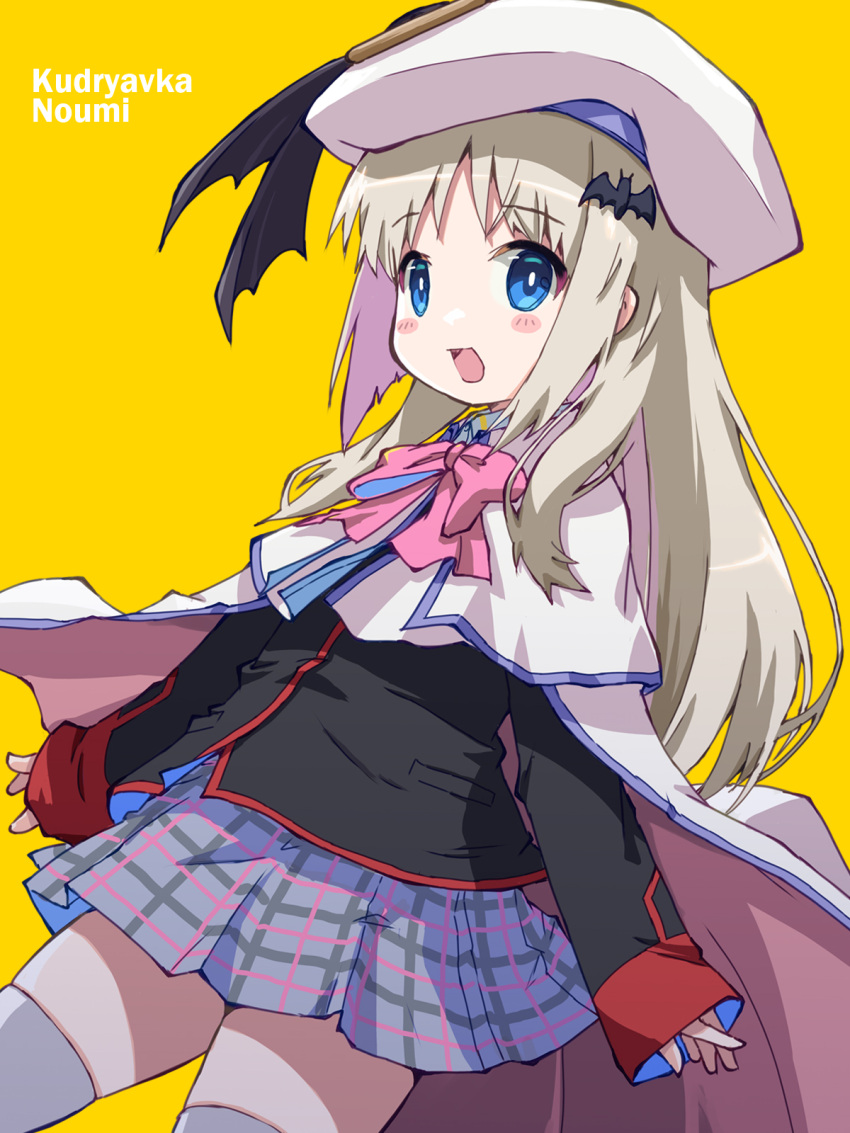 1girl akayama_yukihe bat_hair_ornament black_ribbon black_shirt blonde_hair blue_eyes blue_skirt blue_trim blush_stickers bow bowtie cape capelet character_name collared_capelet commentary_request hair_ornament hat hat_ribbon highres little_busters! little_busters!_school_uniform long_hair long_sleeves looking_at_viewer miniskirt noumi_kudryavka open_mouth pink_bow pink_bowtie plaid plaid_skirt pleated_skirt ribbon school_uniform shirt sidelocks skirt sleeves_past_wrists smile solo thighhighs white_cape white_capelet white_headwear white_thighhighs yellow_background zettai_ryouiki