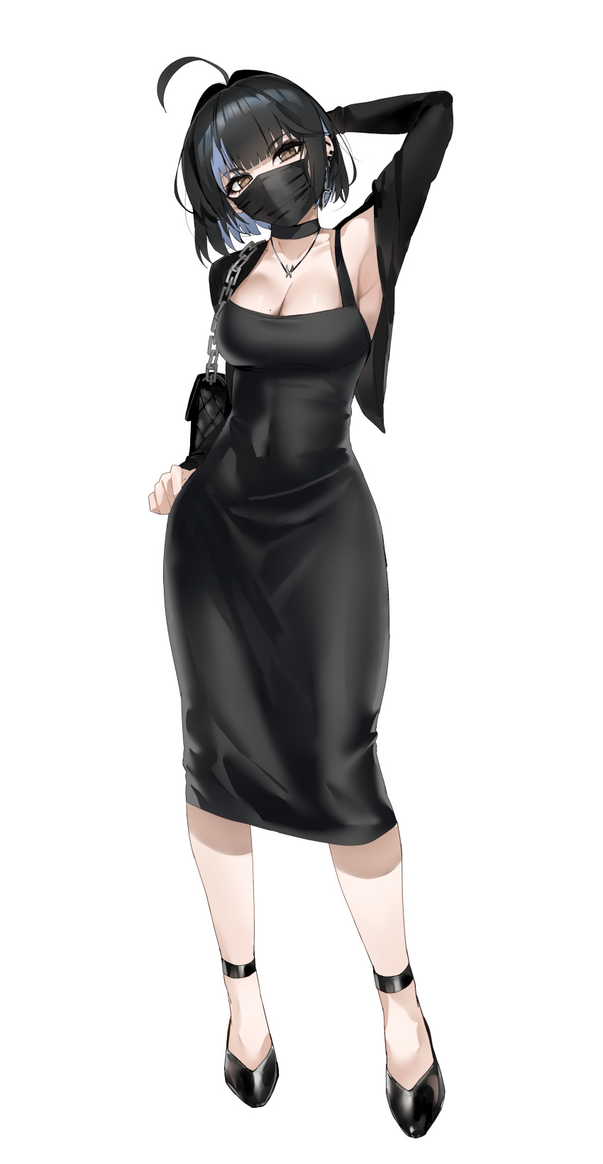 1girl absurdres ahoge arm_behind_head black_bag black_dress black_footwear black_hair black_mask breasts brown_eyes cleavage covered_navel dress earrings full_body hair_ornament hand_on_own_hip highres irene_(kanniiepan) jewelry kanniiepan looking_at_viewer mask medium_breasts mole mole_on_breast mouth_mask original revision shoes short_hair simple_background solo standing white_background x_hair_ornament