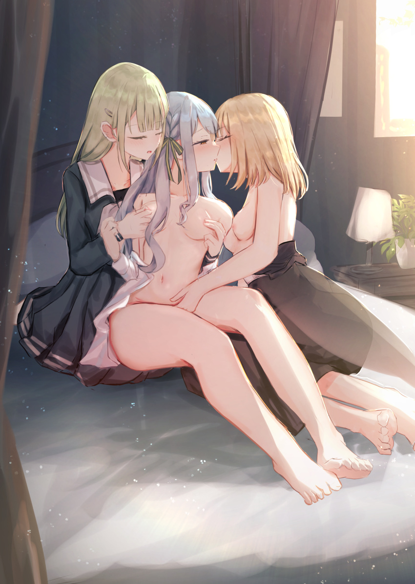 3girls absurdres bang_dream! bed benevole breasts closed_eyes commission fff_threesome fingering grey_hair group_sex highres kiss multiple_girls nude on_bed school_uniform skeb_commission textless_version threesome togawa_sakiko wakaba_mutsumi yuri