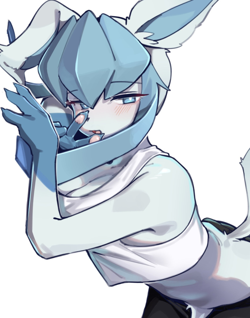 anthro blue_body blue_eyes blush clothed clothing eeveelution female generation_4_pokemon gesture glaceon hi_res hufy926 looking_at_viewer nintendo open_mouth pokemon pokemon_(species) simple_background solo v_sign