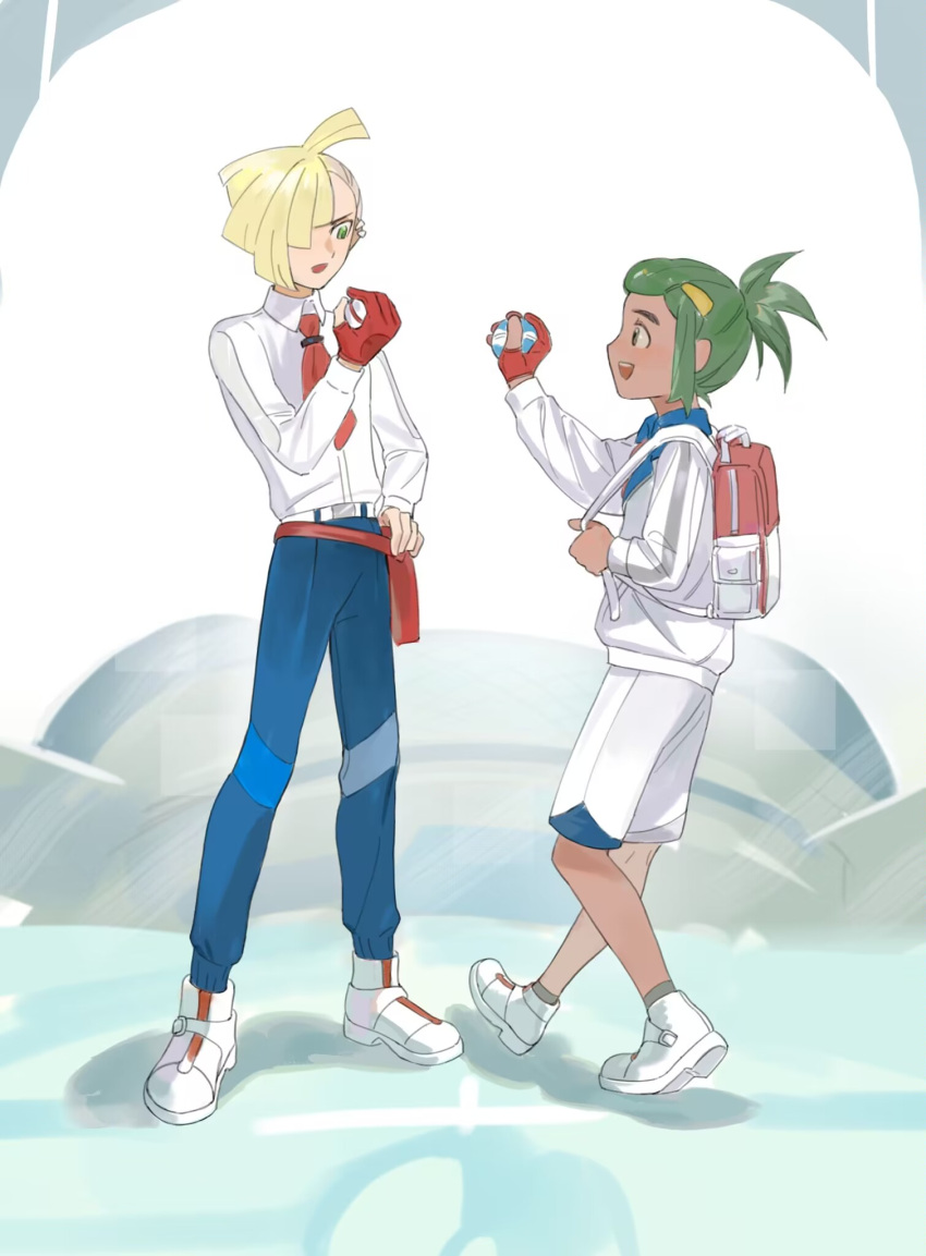 2boys :d ahoge alternate_costume backpack bag belt belt_buckle blonde_hair blue_pants buckle collared_shirt commentary_request eye_contact fanny_pack gladion_(pokemon) gloves green_eyes green_hair hand_on_own_hip hand_up hau_(pokemon) highres holding holding_poke_ball long_sleeves looking_at_another male_focus multiple_boys open_mouth pants pants_tucked_in partially_fingerless_gloves poke_ball pokemon pokemon_(game) pokemon_sm premier_ball red_bag s67569077 shirt shoes short_hair short_ponytail shorts single_glove smile standing white_belt white_footwear white_shirt white_shorts