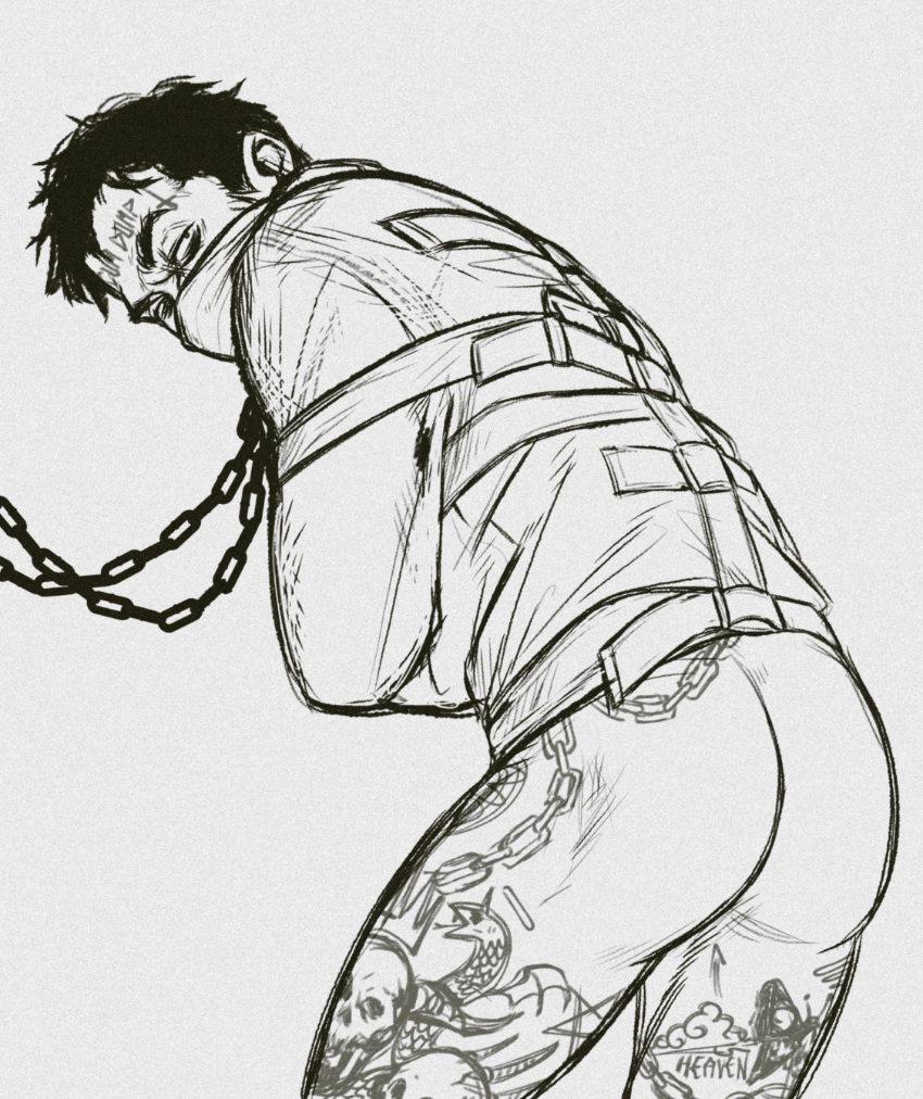 1boy ass bara belt bottomless bound bound_arms chain chained check_copyright copyright_request greyscale highres leg_tattoo looking_at_viewer male_focus monochrome original presenting short_hair skull_tattoo smokerichi solo straitjacket tattoo thick_eyebrows thighs