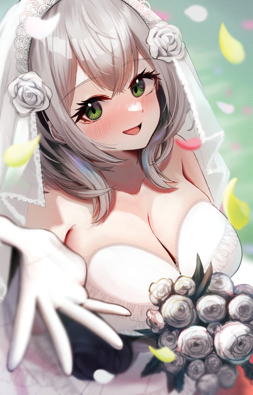 1girl absurdres aki_(mkjn5227) bare_shoulders blush bouquet breasts bridal_veil bride cleavage dress flower gloves green_eyes grey_hair hair_flower hair_ornament highres hololive lace-trimmed_dress lace_trim large_breasts looking_at_viewer medium_hair open_mouth petals rose shirogane_noel smile solo strapless strapless_dress tiara veil virtual_youtuber wedding wedding_dress white_dress white_flower white_gloves white_rose
