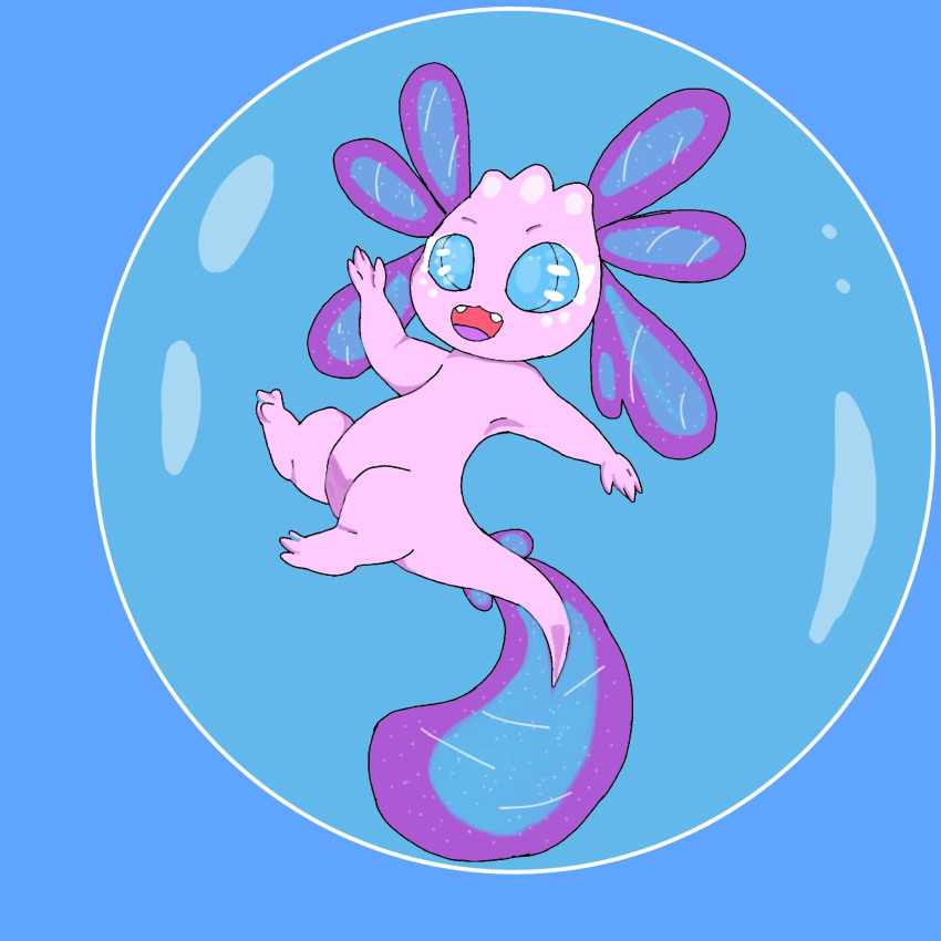 1:1 2022 ambiguous_gender amphibian axolotl blue_eyes bubble cute_fangs elchuydra fakemon feral happy hi_res inside_bubble marine mole_salamander not_furry open_mouth pink_body salamander solo tail