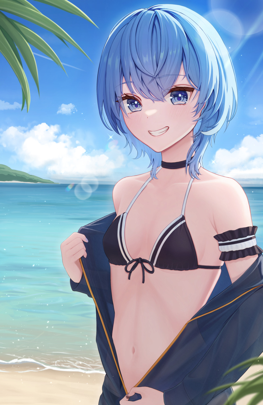 1girl absurdres arm_garter bare_shoulders beach bikini black_bikini black_choker blue_eyes blue_hair blue_jacket blue_sky breasts choker cloud collarbone commentary_request day grin highres hololive hoshimachi_suisei jacket kamota_(kamotadm) lens_flare looking_at_viewer navel ocean open_clothes open_jacket outdoors revision short_hair sky small_breasts smile solo star_(symbol) star_in_eye stomach swimsuit symbol_in_eye teeth unzipping upper_body virtual_youtuber