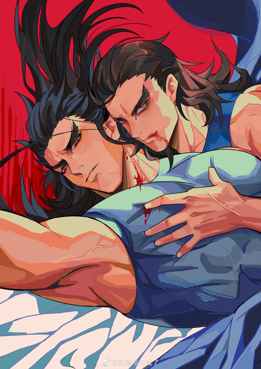 2boys absurdres bara blue_tank_top brown_hair character_request copyright_request doufujintianxianle floating_hair forked_eyebrows grabbing highres large_pectorals long_hair looking_at_viewer male_focus mature_male multiple_boys muscular muscular_male pectoral_grab pectorals red_eyes seductive_smile shirt skin_tight sleeveless sleeveless_shirt smile tank_top thick_eyebrows tight_clothes tight_shirt upper_body v-shaped_eyebrows veins veiny_arms yaoi