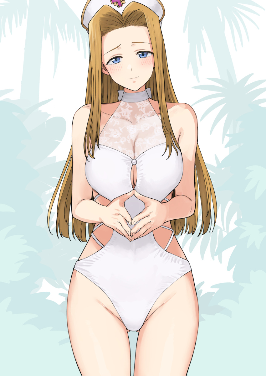 1girl ass_visible_through_thighs bare_shoulders blonde_hair blue_eyes blush breasts cleavage closed_mouth collarbone commentary_request cowboy_shot embarrassed hat highres large_breasts long_hair looking_at_viewer mint_adenade nurse_cap one-piece_swimsuit own_hands_together palm_tree parted_bangs partial_commentary see-through_cleavage solo straight_hair summer swimsuit tales_of_(series) tales_of_phantasia tree tsurui white_headwear white_one-piece_swimsuit white_swimsuit