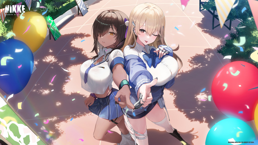 2girls absurdres artist_request blonde_hair blue_bow blue_bowtie blush bow bowtie breasts brown_eyes brown_hair collared_shirt dark-skinned_female dark_skin goddess_of_victory:_nikke hair_ornament highres jacket jewelry large_breasts long_hair multiple_girls naga_(nikke) necktie official_art ring scrunchie shirt short_sleeves skirt tia_(nikke) white_shirt wrist_scrunchie