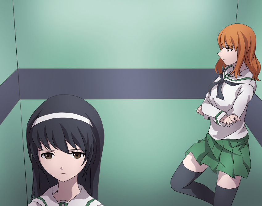 2girls 9s0ykoyama117 absurdres black_hair black_thighhighs brown_eyes girls_und_panzer hairband highres long_hair multiple_girls neon_genesis_evangelion ooarai_school_uniform orange_hair reizei_mako school_uniform thighhighs white_hairband