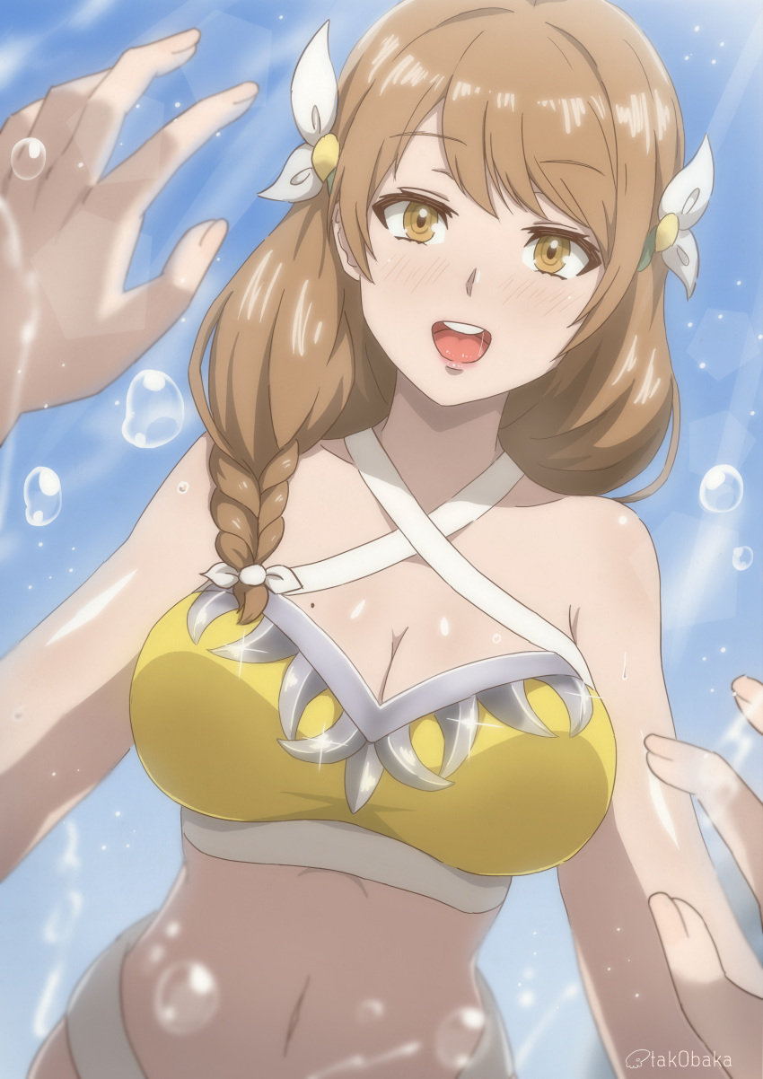 1girl 1other absurdres alternate_costume bikini braid braided_ponytail breasts brown_eyes bubble criss-cross_halter fire_emblem fire_emblem_engage girl_on_top goldmary_(fire_emblem) hair_over_shoulder halterneck highres large_breasts light_brown_hair lips mole mole_on_breast navel pov solo_focus swimsuit tak0baka teeth upper_teeth_only watermark yellow_bikini