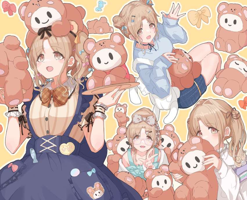 1girl absurdres blue_dress blue_sweater blush breasts brown_eyes brown_hair brown_skirt candy double_bun dress food frilled_sleeves frilled_suspenders frills glasses hair_bun high-waist_skirt highres holding holding_stuffed_toy holding_tray ichikawa_hinana idolmaster idolmaster_shiny_colors large_breasts long_hair multiple_views nightgown official_alternate_costume official_alternate_hairstyle open_mouth puffy_sleeves raichita skirt smile stuffed_animal stuffed_toy sweater teddy_bear tray twintails white_sweater