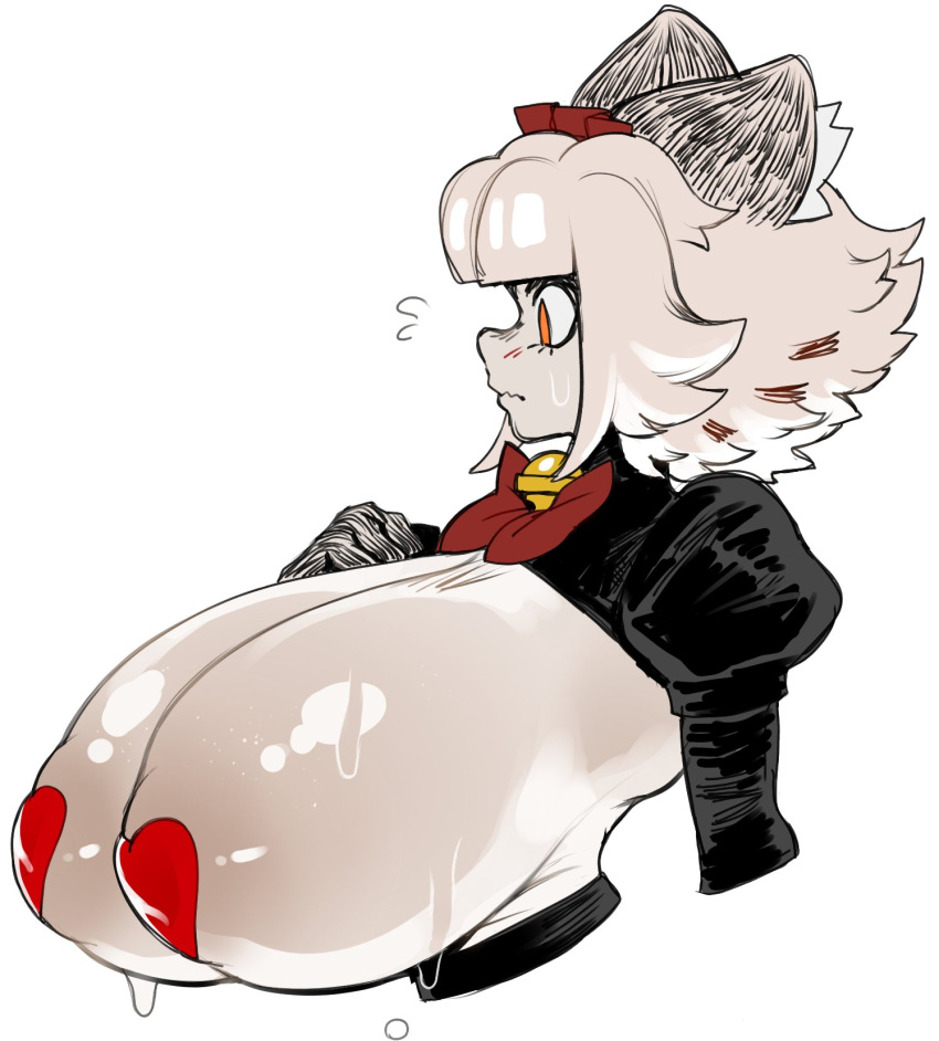 anthro big_breasts blush blush_lines breasts catmaid_(cibastion) cibastion domestic_cat felid feline felis female fur hair hi_res huge_breasts maid_headdress mammal orange_eyes pasties side_view simple_background solo white_body white_fur white_hair