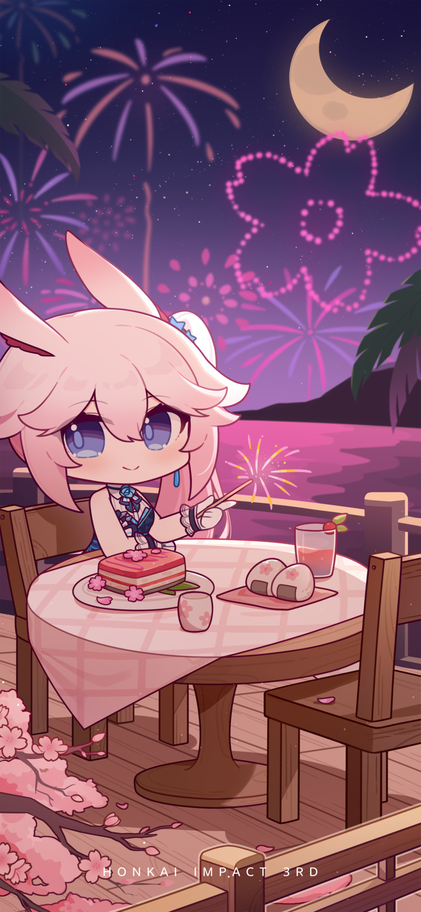 1girl absurdres animal_ears chair character_request chibi chinese_commentary closed_mouth crescent cup drink earrings eta fireworks food fox_girl hair_between_eyes highres holding_fireworks honkai_(series) honkai_impact_3rd jewelry long_hair looking_at_viewer moon mountain night night_sky ocean official_art official_wallpaper onigiri outdoors petals pink_hair side_ponytail sitting sky sleeveless smile solo table yae_sakura