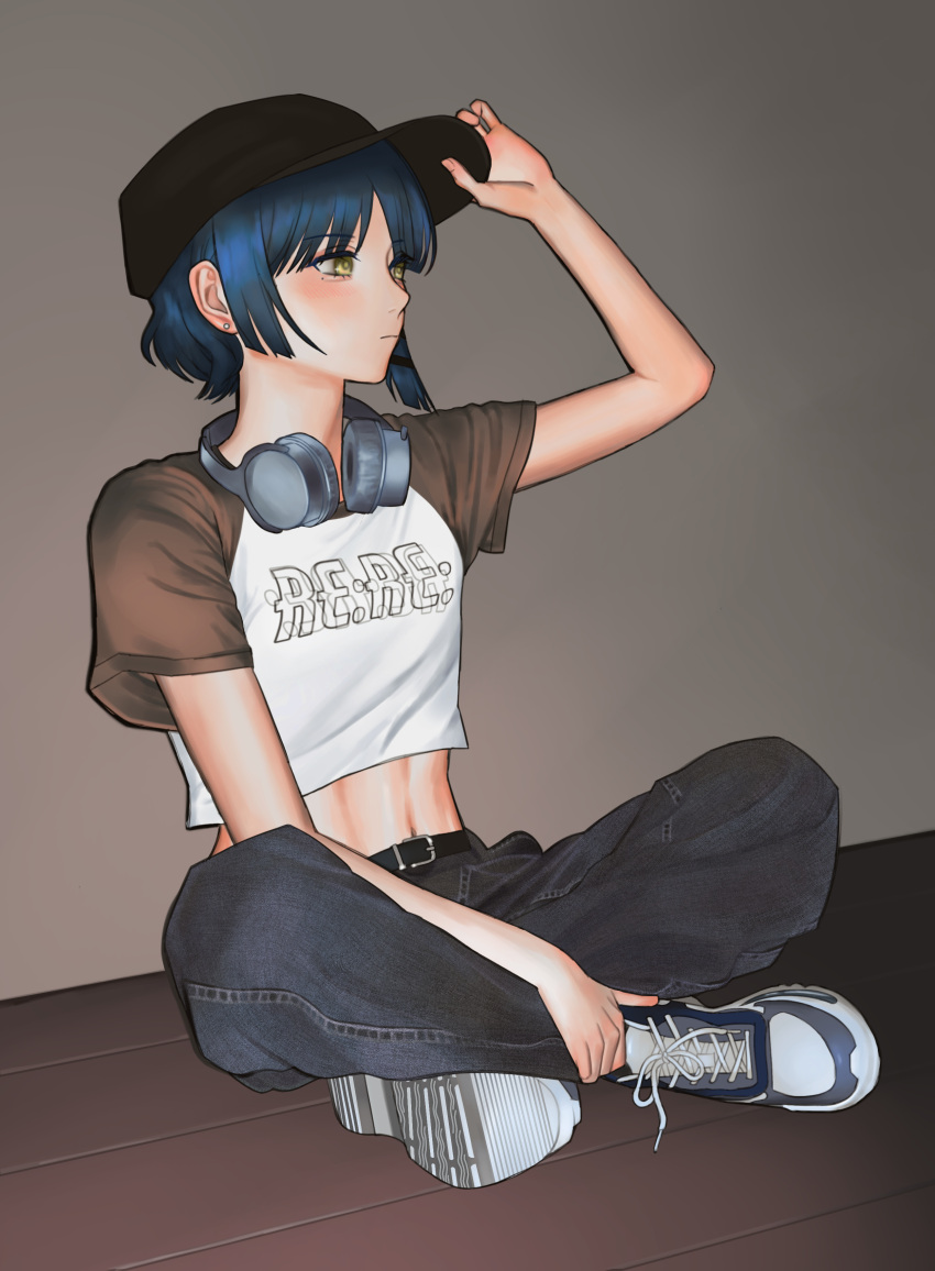 1girl abs absurdres adjusting_clothes adjusting_headwear asymmetrical_hair bags_under_eyes baseball_cap belt belt_buckle black_belt black_headwear black_pants blue_footwear blue_hair blush bob_cut bocchi_the_rock! breasts bright_pupils brown_background brown_shirt buckle closed_mouth clothes_writing commentary cropped_shirt denim earrings expressionless fui_(5f7_x) full_body grey_footwear hair_ornament hairclip hand_on_own_ankle hand_up hat headphones headphones_around_neck highres indian_style jeans jewelry looking_afar looking_to_the_side midriff navel on_floor pants raglan_sleeves shirt shoes short_hair short_sleeves sidelocks sitting small_breasts sneakers solo stud_earrings t-shirt toned two-tone_shirt wall wavy_hair white_footwear white_shirt wooden_floor yamada_ryo yellow_eyes
