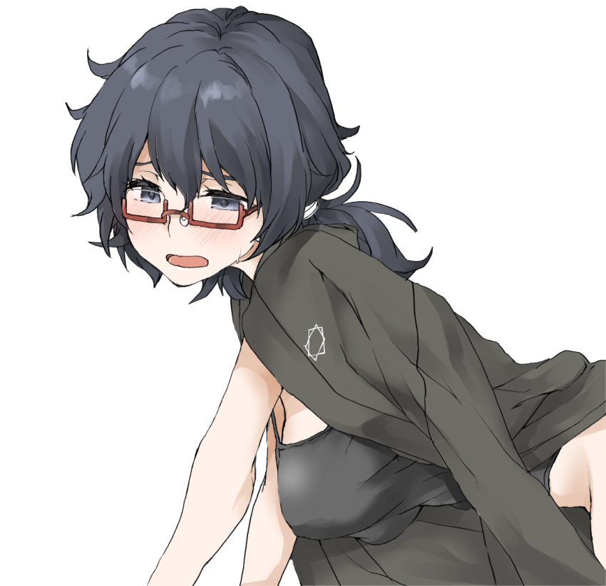 1girl arm_support black_camisole black_eyes black_hair blush camisole elf_(stroll_in_the_woods) from_side frown girls_und_panzer glasses hair_tie half-closed_eyes haori japanese_clothes kneeling leaning_forward medium_hair messy_hair open_mouth oryou_(girls_und_panzer) red-framed_eyewear semi-rimless_eyewear short_ponytail simple_background solo sweat textless_version under-rim_eyewear white_background