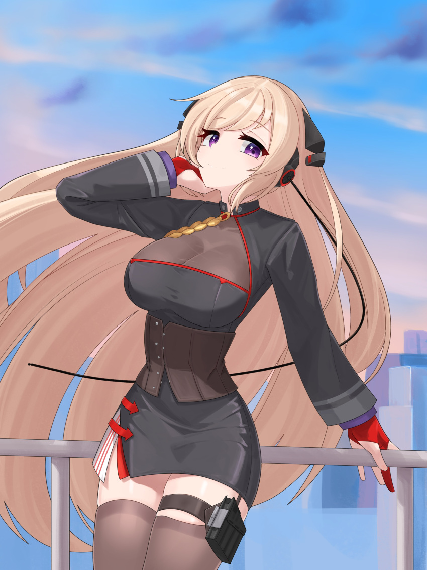 1girl absurdres against_railing black_jacket black_skirt blonde_hair breasts cleavage cowboy_shot g3_(girls'_frontline) girls'_frontline gloves headgear highres jacket large_breasts long_hair looking_at_viewer magazine_(weapon) miniskirt mod3_(girls'_frontline) nabiyan outdoors purple_eyes railing red_gloves skirt smile solo thighhighs very_long_hair