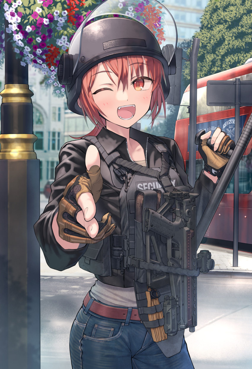 1girl :d ammunition_pouch baton_(weapon) belt black_gloves blue_pants blush body_armor brown_belt brown_gloves bus combat_helmet commentary cowboy_shot denim double-decker_bus fingerless_gloves fingernails flower folding_stock gloves gun handgun heart helmet highres holding holding_weapon jacket jeans kel-tec_p50 laser_sight load_bearing_vest long_sleeves looking_at_viewer low_ponytail magazine_(weapon) motor_vehicle one_eye_closed orange_eyes original outdoors pants partially_fingerless_gloves plate_carrier pocket pointing pointing_at_viewer pouch red_hair samaru_(seiga) sling smile snap-fit_buckle tactical_clothes talking tonfa translated tree two-tone_gloves visor_lift weapon