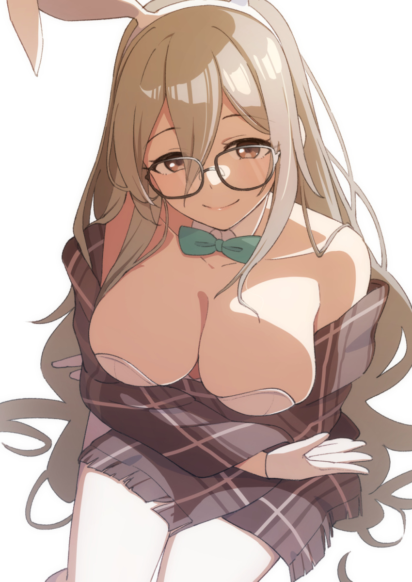 1girl afnroll akane_(blue_archive) akane_(bunny)_(blue_archive) animal_ears armpit_crease artist_name bare_shoulders blue_archive bow bowtie breasts brown_eyes brown_scarf cleavage collar collarbone cropped_legs dated detached_collar fake_animal_ears glasses green_bow green_bowtie hair_between_eyes halo highres invisible_chair large_breasts light_brown_hair long_hair looking_at_viewer official_alternate_costume pantyhose parted_lips plaid plaid_scarf playboy_bunny rabbit_ears scarf sidelocks simple_background sitting smile solo white_collar white_pantyhose wing_collar