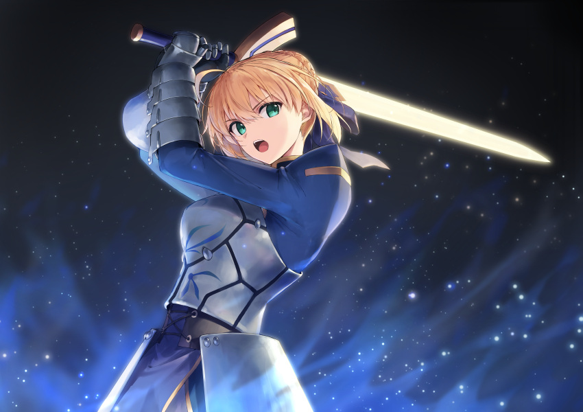 1girl absurdres ahoge armor armored_dress artoria_pendragon_(fate) blonde_hair blue_dress blue_ribbon braid breastplate commentary dress excalibur_(fate/stay_night) fate/stay_night fate_(series) french_braid gauntlets green_eyes hair_between_eyes hair_bun hair_ribbon highres holding holding_sword holding_weapon juliet_sleeves long_sleeves looking_at_viewer open_mouth plackart puffy_sleeves ribbon saber short_hair single_hair_bun solo sword teeth upper_teeth_only weapon yanagi_marie