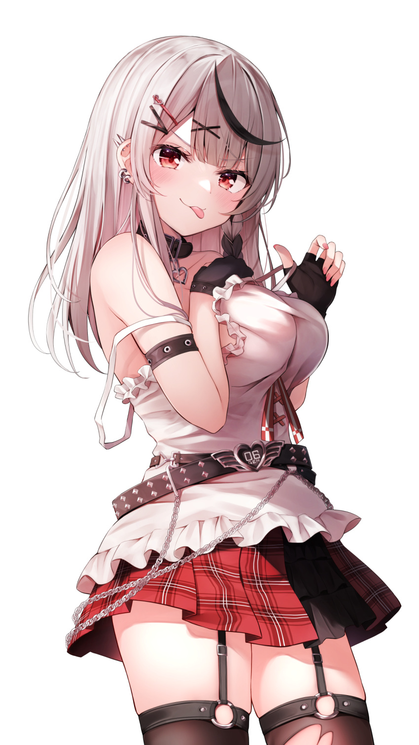 1girl :p black_gloves black_hair black_thighhighs breasts ear_piercing fingerless_gloves garter_straps gloves grey_hair hair_ornament highres hololive large_breasts looking_at_viewer medium_hair multicolored_hair piercing plaid plaid_skirt red_eyes red_skirt sakamata_chloe shishou_(doragyurosu) simple_background skirt solo streaked_hair thighhighs tongue tongue_out torn_clothes torn_thighhighs virtual_youtuber white_background x_hair_ornament