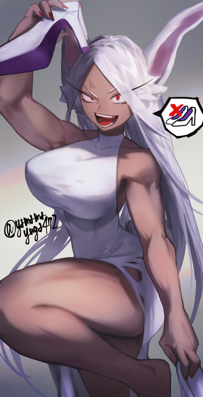 1girl absurdres animal_ears arm_up bare_arms bare_legs bare_shoulders boku_no_hero_academia breasts collarbone dark-skinned_female dark_skin dress foot_out_of_frame high_heels highres holding holding_clothes holding_footwear knee_up large_breasts long_eyelashes long_hair looking_at_viewer mirko nail_polish open_mouth parted_bangs rabbit_ears rabbit_girl rabbit_tail raised_eyebrow red_eyes red_nails sleeveless_turtleneck_dress solo speech_bubble standing standing_on_one_leg tail teeth thighs toned torn_clothes torn_dress twitter_username uneven_eyes veins very_long_hair white_dress white_footwear white_hair yamamayuga472