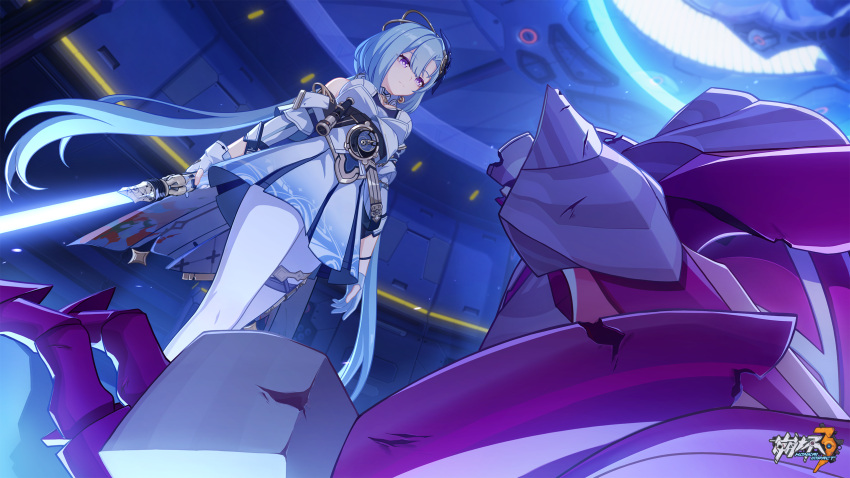 1girl bare_shoulders blue_lightsaber chinese_commentary earrings energy_sword griseo griseo_(cosmic_expression) highres holding holding_lightsaber holding_weapon honkai_(series) honkai_impact_3rd indoors jewelry lightsaber logo long_hair looking_down official_art official_wallpaper purple_eyes standing sword twintails very_long_hair weapon