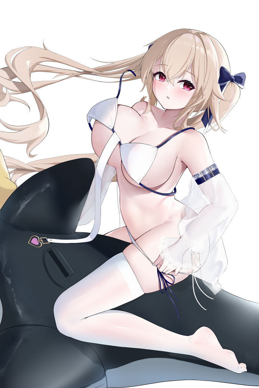 1girl absurdres anchorage_(azur_lane) anchorage_(dolphins_and_swim_lessons)_(azur_lane) azur_lane bikini blush bouncing_breasts breasts highres inflatable_orca inflatable_toy large_breasts light_brown_hair long_hair looking_at_viewer no_shoes red_eyes straddling swimsuit thighhighs twintails very_long_hair white_background white_bikini zerotwenty_(020)