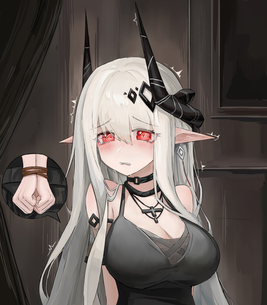 1girl @_@ arknights black_dress blush bound bound_wrists breasts cleavage cross_pendant dress ear_blush earrings highres horns jewelry large_breasts long_hair mudrock_(arknights) mudrock_(obsidian)_(arknights) panicking pendant pointy_ears red_eyes rope white_hair