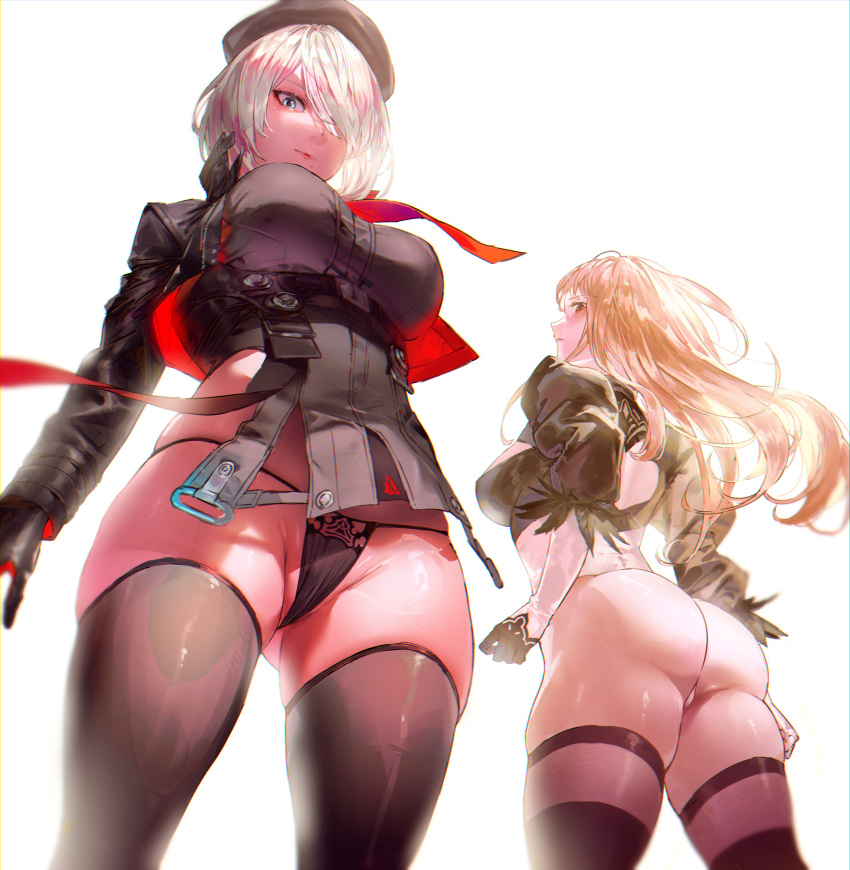 2b_(nier:automata) 2girls arm_pouch back_cutout belt_pouch beret black_hairband black_headwear black_panties black_towel boots brown_hair clothing_cutout collared_leotard cosplay costume_switch feather-trimmed_sleeves feather_trim goddess_of_victory:_nikke grenade_launcher hairband hat highres juliet_sleeves kuroi_suna leotard long_sleeves looking_down milkor_mgl mole mole_under_mouth multiple_girls nier:automata nier_(series) panties pouch puffy_sleeves rapi_(nikke) red_lips thick_thighs thighhighs thighhighs_under_boots thighs thong two-tone_gloves underwear weapon white_background white_hair white_leotard