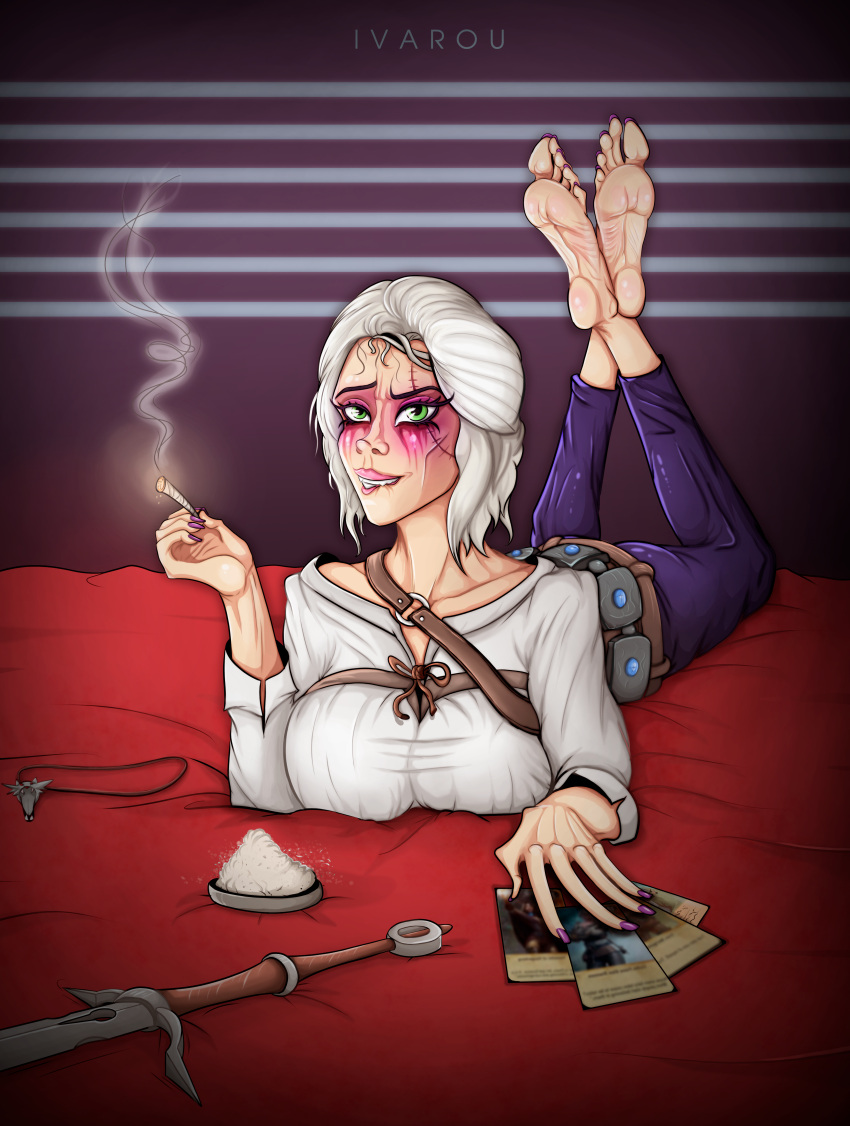 absurdres bad_source barefoot breasts ciri crossover feet gwent_(game) highres pulp_fiction soles solo teasing the_witcher_(series) witch