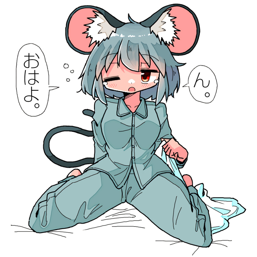 1girl animal_ear_fluff animal_ears arms_behind_back blanket blush breasts dot_nose grey_hair hatching_(texture) holding holding_blanket kasuya_baian linear_hatching looking_to_the_side medium_breasts medium_hair mouse_ears mouse_girl mouse_tail nazrin one_eye_closed open_mouth pajamas red_eyes simple_background sitting solo speech_bubble tail tearing_up touhou translation_request white_background