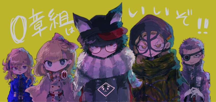 2girls 3boys animal_ears animal_hat aphex_logan beanie black_hair black_headwear blonde_hair blue_jacket bow cabbie_hat chachan_chan closed_mouth coat eyepatch facial_tattoo fake_animal_ears fur_collar glasses gloves green_scarf grey_coat grey_hair hair_between_eyes hair_bow hair_ornament hat headphones headphones_around_neck highres jacket long_hair long_sleeves looking_at_viewer master_detective_archives:_rain_code melami_goldmine multiple_boys multiple_girls own_hands_together pink_bow pucci_lavmin purple_eyes rabbit_hair_ornament red-framed_eyewear red_eyes round_eyewear scarf short_hair smile standing tattoo upper_body white_gloves yellow_background zange_eraser zilch_alexander