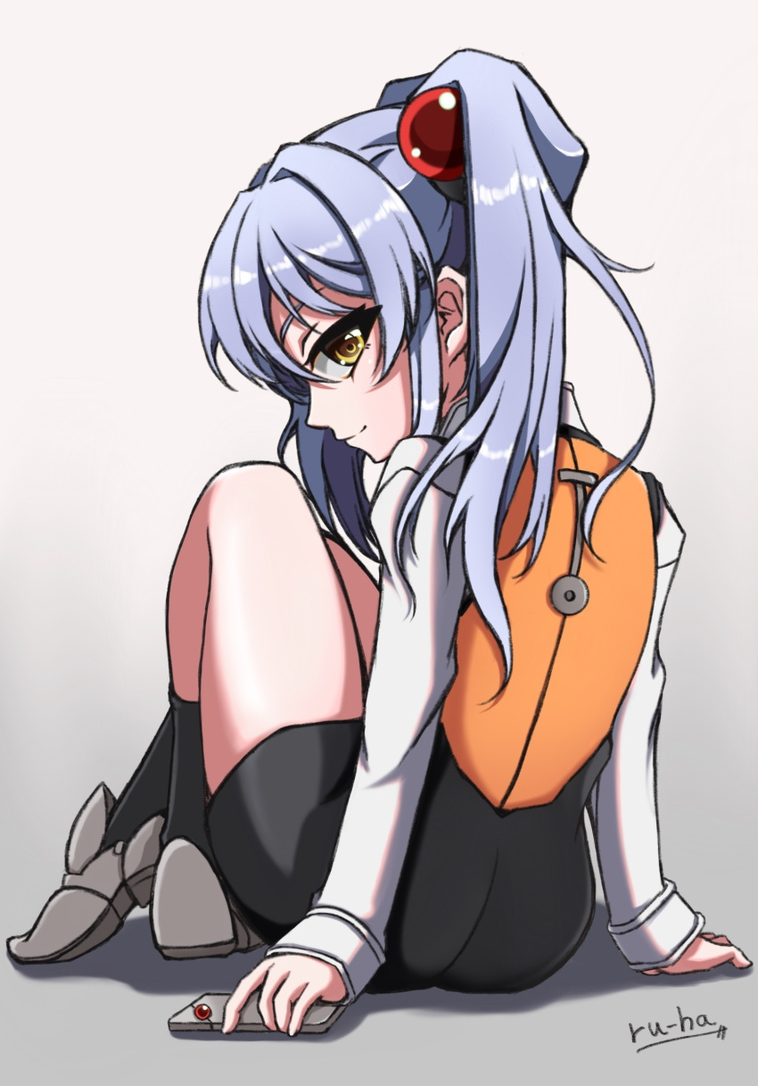 1girl artist_name ass black_skirt black_socks blue_hair from_behind grey_footwear hair_bobbles hair_ornament highres hoshino_ruri kidou_senkan_nadesico knees_up long_hair looking_at_viewer looking_back miniskirt orange_vest ru-ha shirt shoes sitting skirt smile socks solo thighs twintails vest white_shirt yellow_eyes