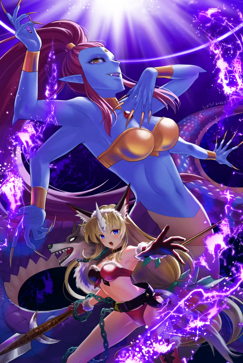 :d animal_ear_fluff belt bikini blonde_hair blue_eyes blue_skin breasts chain claws colored_skin commission dated extra_arms fangs forehead_jewel hand_up high_ponytail highres horns lamia long_hair looking_at_viewer low-tied_long_hair magic medium_breasts monster_girl navel open_mouth phanna pixiv_commission pointy_ears red_bikini riesz seiken_densetsu seiken_densetsu_2 seiken_densetsu_3 shimeji_(simejigesyu) single_horn single_thighhigh smile standing swimsuit thighhighs wolf yellow_nails