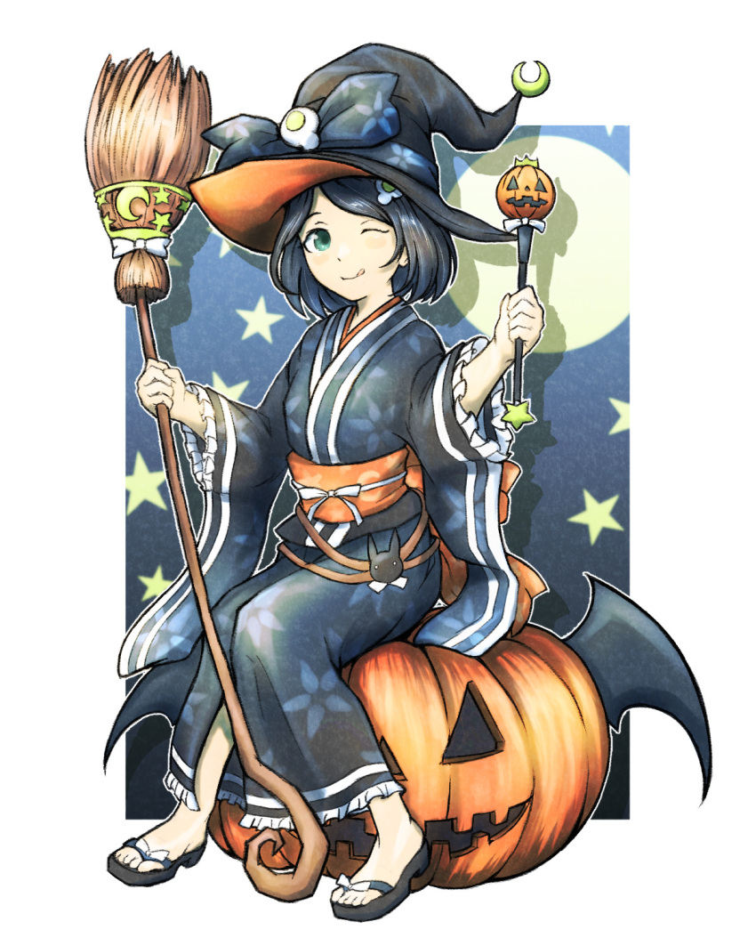 1girl alternate_costume araragi_tsukihi black_headwear blush border bow broom commentary egg_hair_ornament floral_print food-themed_hair_ornament frilled_kimono frilled_sleeves frills full_body green_eyes hair_ornament halloween hat highres holding holding_wand jack-o'-lantern japanese_clothes kimono long_sleeves looking_at_viewer monogatari_(series) obi obijime one_eye_closed orange_sash parted_bangs print_kimono sandals sash shadow sitting smile solo swept_bangs toes tsukihi_shida wand white_border white_bow wide_sleeves witch witch_hat