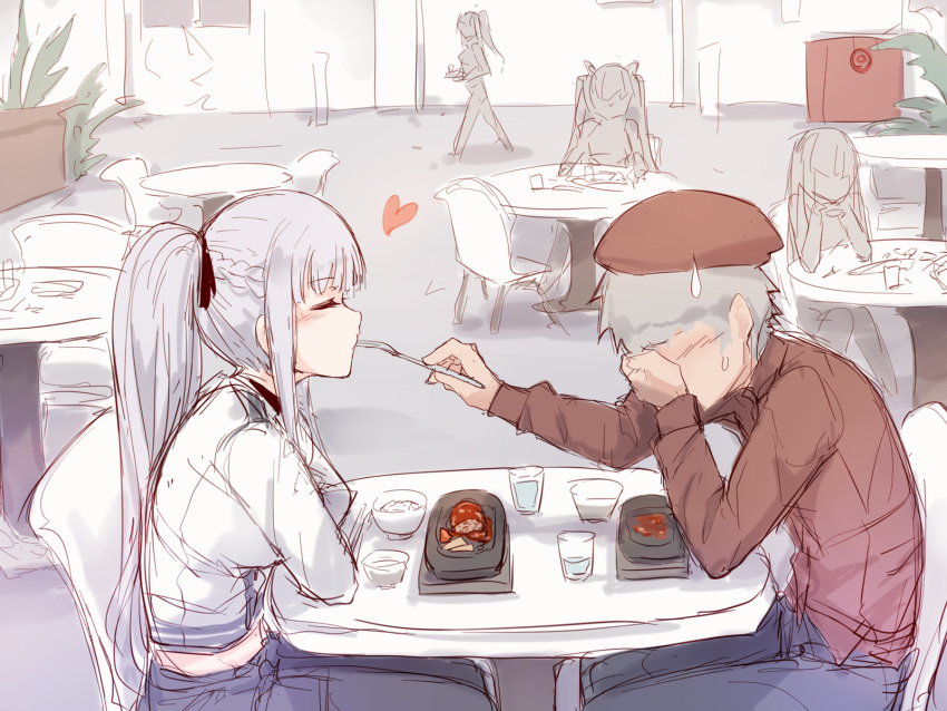 1boy 4girls ak-12_(girls'_frontline) beret braid chair closed_eyes commander_(girls'_frontline) commentary_request cup drink feeding food fork french_braid girls'_frontline grey_hair hair_ribbon hat heart hetero highres holding holding_fork hourai_kochou long_hair looking_at_another multiple_girls ponytail red_headwear ribbon shared_food sitting sweatdrop table
