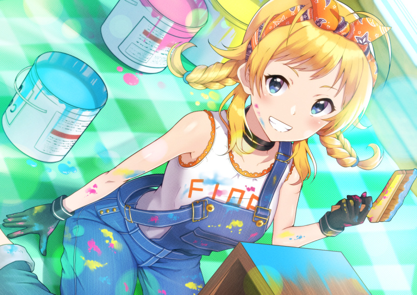 1girl ahoge bare_shoulders blonde_hair blue_overalls braid choker derivative_work gloves hachimiya_meguru hair_ornament headband holding holding_paintbrush idolmaster idolmaster_shiny_colors lace-trimmed_shirt lace_trim looking_at_viewer orange_headband overalls paint_can paint_on_clothes paint_splatter paint_splatter_on_face paintbrush sagamiya_(sgmy777) shirt sitting smile solo suspenders suspenders_slip twin_braids