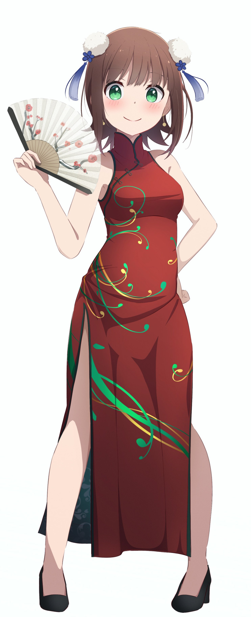 1girl absurdres amami_haruka bare_shoulders breasts brown_hair china_dress chinese_clothes closed_mouth dress earrings floral_print flower green_eyes gyorui_(katsuwo_drawing) hand_fan hand_on_own_hip high_heels highres holding holding_fan idolmaster idolmaster_(classic) idolmaster_million_live! idolmaster_million_live!_theater_days jewelry looking_at_viewer medium_breasts plum_blossoms red_dress short_hair side_slit simple_background sleeveless sleeveless_dress smile solo white_background