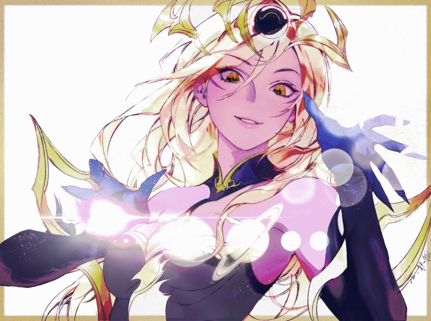 1girl bare_shoulders black_dress black_gloves blonde_hair border breasts cleavage dark_cosmic_lux dress elbow_gloves english_commentary floating_hair gloves hair_between_eyes hair_ornament highres jian_tai_(cuoyu0) large_breasts league_of_legends light long_hair looking_at_viewer lux_(league_of_legends) orange_border planet revision sidelocks signature simple_background smile solo upper_body white_background yellow_eyes