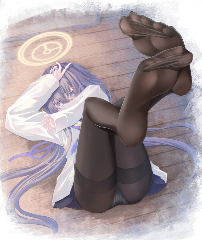 1girl black_pantyhose blue_archive blue_eyes blue_hair blue_neckerchief commentary crossed_bangs feet foot_focus hair_between_eyes halo highres legs legs_up long_hair long_sleeves looking_at_viewer lying neckerchief no_shoes on_back panties panties_under_pantyhose pantyhose pantyshot school_uniform shirt soles solo su_ha_ya thighband_pantyhose ui_(blue_archive) underwear white_panties white_shirt yellow_halo