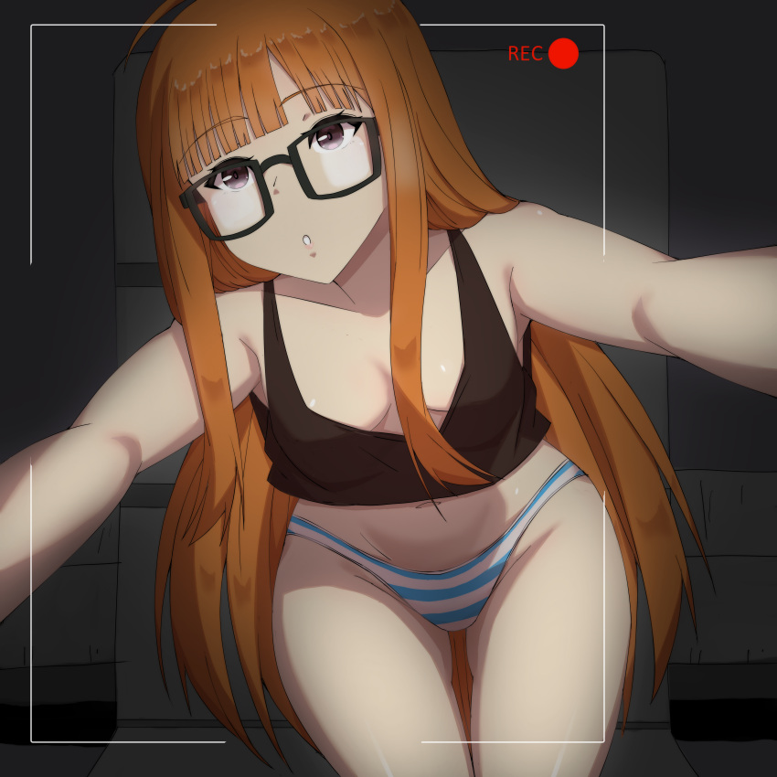 1girl absurdres ahoge black_tank_top blunt_bangs breasts brown_hair crop_top english_commentary glasses groin highres long_hair lucky_zero navel orange_hair outstretched_arms paid_reward_available panties parted_lips persona persona_5 purple_eyes recording sakura_futaba selfie small_breasts solo striped striped_panties tank_top thighs underwear very_long_hair viewfinder