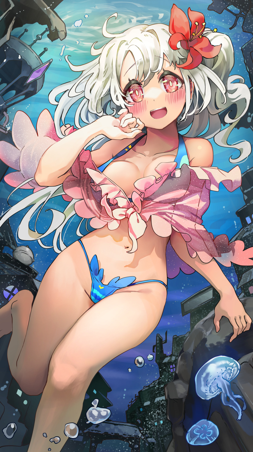 1girl :d absurdres air_bubble bikini breasts bubble cameltoe commission flower freediving hair_flower hair_ornament highres large_breasts long_hair looking_at_viewer melaton navel open_mouth original skeb_commission smile solo swimsuit underwater