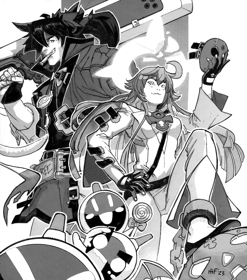 abs absurdres ahoge artist_request breasts candy couple food gloves guilty_gear guilty_gear_strive halo highres husband_and_wife jack-o'_valentine red_hair sol_badguy