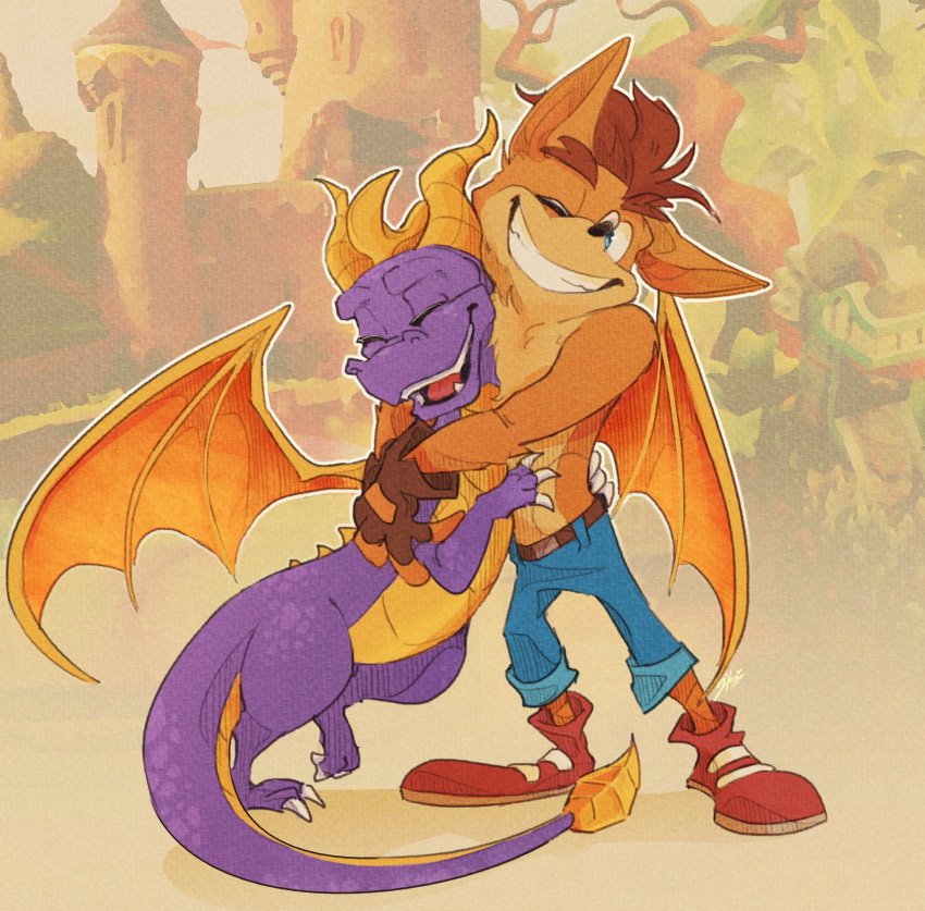 2023 activision anthro bandicoot biped black_nose blue_bottomwear blue_clothing blue_pants bottomwear brown_clothing brown_fingerless_gloves brown_gloves brown_handwear claws clothed clothing crash_bandicoot crash_bandicoot_(series) dragon duo embrace eyebrows eyes_closed feral fingerless_gloves footwear full-length_portrait fur gloves handwear hera_souflee hi_res horn hug male mammal marsupial membrane_(anatomy) membranous_wings one_eye_closed orange_body orange_fur pants portrait pronounced_browridge purple_body purple_scales purple_tail quadruped red_clothing red_footwear red_shoes scales scalie shoes smile spyro spyro_the_dragon standing tail topless western_dragon white_claws wings yellow_wings