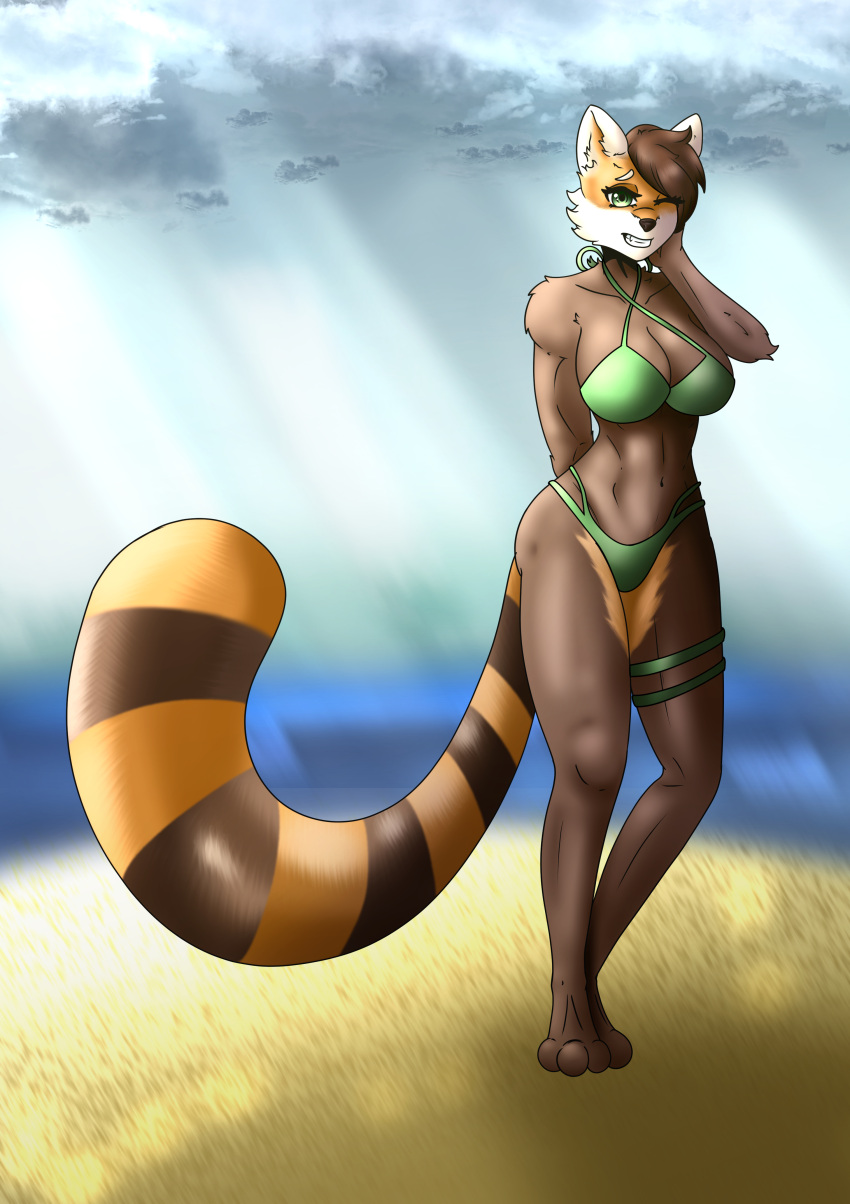 absurd_res ailurid anthro bikini bikini_bottom bikini_top breasts cleavage clothed clothing crossgender curvy_figure elmasiosare female hi_res looking_at_viewer mammal muscular muscular_female olivia_imitaru_(some_dumm_wah) one_eye_closed oscar_imitaru_(some_dumm_wah) red_panda side_boob solo swimwear wink winking_at_viewer